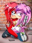  alley anal anal_penetration blush butt dildo echidna embrace female incest julie-su kissing kneeling lara-su lesbian looking_at_viewer mobius_unleashed nude penetration sex_toy sonic_(series) tail 