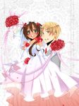  1girl axis_powers_hetalia bad_id bad_pixiv_id blonde_hair blush brown_eyes brown_hair couple dark_skin dress flower formal green_eyes happy hetero kokonoka_nanami open_mouth pink_ribbon red_flower red_ribbon ribbon rose seychelles_(hetalia) suit united_kingdom_(hetalia) wedding wedding_dress white_suit 