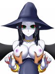  black_hair blush bracelet breast_hold breast_squeeze breasts dress duel_monster fabled_grimro fiend_roar_deity_grimlo green_eyes hat highres jewelry large_breasts necklace red_sclera ring wings witch_hat yu-gi-oh! 