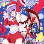  arm_up armpits bat_wings busuneko christmas demon_tail detached_sleeves hat midriff navel purple_hair red_eyes remilia_scarlet sack santa_costume santa_hat short_hair solo tail thighhighs touhou wings 