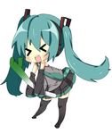  &gt;_&lt; aqua_hair chibi closed_eyes detached_sleeves hatsune_miku highres long_hair necktie nobuyuki_(mikitantan) simple_background skirt solo spring_onion thighhighs twintails very_long_hair vocaloid 