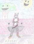  brick_wall feline female flame_pants happy_face solo sun tiger tree 