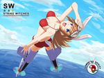  :d animal_ears bad_id bad_pixiv_id bikini_top blue_eyes breasts bunny bunny_ears charlotte_e_yeager cleavage cloud day goggles goggles_on_head helmet highres long_hair looking_at_viewer mackey_(mthc_riku) medium_breasts open_mouth orange_hair salute scarf short_shorts shorts sky smile solo strike_witches striker_unit tail world_witches_series 