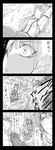  1girl 4koma bad_id bad_pixiv_id bow comic crossover fire fujiwara_no_mokou greyscale highres lu_xun monochrome shin_sangoku_musou suspenders touhou translated una_kata 