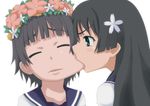  biting black_hair blue_eyes cheek_biting closed_eyes face flower hair_flower hair_ornament head_wreath multiple_girls sakugawa_school_uniform saten_ruiko school_uniform serafuku to_aru_kagaku_no_railgun to_aru_majutsu_no_index toshipon uiharu_kazari 