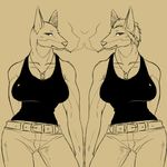  black_shirt breasts canine cigarette clothing doberman dog dog_tags duo female japanese jeans looking_at_viewer mammal mirror_image samasan shirt smoke smoking symmetry tank_top unknown_artist 