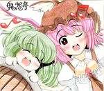  animal_ears bad_id bad_pixiv_id bucket colored_pencil_(medium) earrings green_eyes green_hair hat highres in_bucket in_container jewelry kisume multiple_girls musical_note mystia_lorelei nib_pen_(medium) one_eye_closed onion_pikupiku open_mouth pink_hair red_eyes shikishi short_hair touhou traditional_media twintails wings wooden_bucket 
