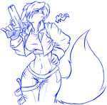  blue_and_white breasts ears feline female gun kilika midriff monochrome sketch skidd solo tail weapon wide_hips 
