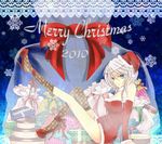  antiqua_c bag blue_eyes braid gift hat high_heels in_bag in_container izayoi_sakuya legs long_legs sack santa_costume santa_hat shoes short_hair side_braid silver_hair solo touhou twin_braids 