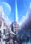  absurdres brown_hair canyon cityscape day fisheye highres hover_bike izumi_sai megastructure original scenery science_fiction short_hair solo 