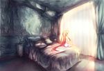  bed blonde_hair from_behind gradient_hair highres long_hair mamuru multicolored_hair original red_hair sitting sleepwear solo very_long_hair 