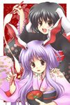  2girls :d alternate_costume animal_ears bad_id bad_pixiv_id black_hair bowl bunny_ears chopsticks food hand_on_shoulder inaba_tewi japanese_clothes kimono lavender_hair long_hair mochi multiple_girls obi open_mouth red_eyes reisen_udongein_inaba sash short_hair smile touhou wagashi 