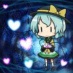  blue_flower blue_hair blue_rose chibi flower hat heart heart_of_string komeiji_koishi outstretched_hand rose short_hair smile solo touhou yamabuki_(yusuraume) zoom_layer |_| 