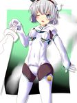  alternate_costume bad_id bad_pixiv_id black_hairband black_legwear blue_eyes blush bodysuit cosplay djibril_spica djibril_spica_(cosplay) ghost hairband highres konpaku_youmu konpaku_youmu_(ghost) makai_tenshi_djibril makai_tenshi_djibril_4 mkcrf one_eye_closed pantyhose short_hair silver_hair solo sword touhou weapon 