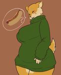  big_breasts blush breasts fat female hot_dog solo sweater unknown_artist 