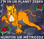  big_breasts blonde_hair blue_eyes breasts claws english_text feline female hair image_macro mammal metroid metroid_(creature) nipples nude p.chronos samus_aran text tiger 