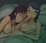  a1 absurdres afterglow areolae bed blue_eyes blue_hair breasts brown_hair closed_eyes hair_ornament hairclip hand_to_own_mouth highres holding_hands idolmaster idolmaster_dearly_stars long_hair medium_breasts mizutani_eri multiple_girls nipples nude ozaki_reiko sleeping small_breasts sweat yuri 