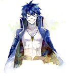  bandages blue_hair drill garlock_simon green_eyes male_focus sarashi shirtless simon smirk solo tengen_toppa_gurren_lagann trench_coat zukki_(suzukio) 