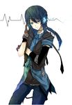  belt blackcatshooter blue_eyes blue_hair cardiogram denim earphones gloves hood hood_down hoodie jeans lifeline light_smile male_focus necktie original pants resized solo water waveform 