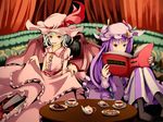  book cake cookie cup fang food hat long_hair multiple_girls open_mouth patchouli_knowledge plate purple_eyes purple_hair reading red_eyes remilia_scarlet sentaku_(flashmechanism) sitting spoon table tea teacup teapot touhou 