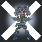  armor belt blue_hair fingerless_gloves gen_3_pokemon gloves hitec mask metagross moemon personification pokemon red_eyes solo twintails 