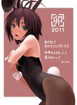  2011 ahoge akeome animal_ears antenna_hair brown_eyes brown_hair bunny_ears bunnysuit happy_new_year highres idolmaster idolmaster_(classic) idolmaster_2 kikuchi_makoto kotoyoro nekopuchi new_year pantyhose short_hair solo translated wrist_cuffs 