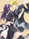  alternate_costume bad_id bad_pixiv_id blonde_hair checkered checkered_background crossdressing flynn_scifo long_hair maid maid_headdress male_focus multiple_boys necktie purple_eyes purple_hair shuri_(9818) tales_of_(series) tales_of_vesperia thighhighs yellow_background yuri_lowell 