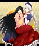  bad_id bad_pixiv_id black_hair blue_eyes braid hand_to_own_mouth hat holding_hands houraisan_kaguya letterboxed long_hair multiple_girls nurse_cap red_eyes silver_hair sleeves_past_wrists touhou tsuchifumazu yagokoro_eirin 