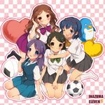  ball bird blue_hair blush brown_hair eyewear_on_head glasses green_hair inazuma_eleven inazuma_eleven_(series) kayou_(kayou-bi) kino_aki kudou_fuyuka multiple_girls open_mouth otonashi_haruna penguin pillow purple_hair raimon_natsumi school_uniform soccer_ball telstar 