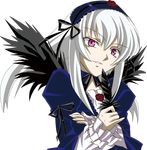  black_wings dress flower hairband highres long_hair open_mouth oyu_no_kaori purple_eyes red_flower red_rose rose rozen_maiden silver_hair solo suigintou wings 