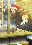  black_legwear blinds blonde_hair blue_eyes blush brown_hair closed_eyes food_stand hat k-on! kawaguchi_norimi mizuki_makoto multiple_girls pantyhose santa_hat yamanaka_sawako yatai 