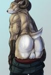  2010 aaron_(character) anus balls butt horns male mooning muscles narse pants pants_down presenting ram solo tail 