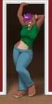  2010 bear big_breasts breasts female green_eyes hair jeans looking_at_viewer pose purple_hair shirt smile solo 