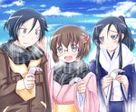  2girls aragaki_ayase black_hair brown_hair coat glasses grey_eyes japanese_clothes kimono kousaka_kyousuke long_hair mad_(hazukiken) multiple_girls ore_no_imouto_ga_konna_ni_kawaii_wake_ga_nai paper ponytail scarf short_hair tamura_manami 