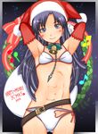  2010 abs armpits belt bikini blue_eyes blue_hair brown_eyes christmas detached_sleeves elbow_gloves gloves hat idolmaster idolmaster_(classic) kisaragi_chihaya long_hair loose_belt red_gloves sack santa_costume santa_hat shiina_you_(tomoshibi) smile solo swimsuit wreath 