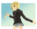  bad_id bad_pixiv_id blonde_hair erica_hartmann from_behind green_eyes hareta looking_back military military_uniform panties short_hair smile solo strike_witches underwear uniform world_witches_series 