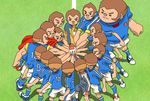  10+boys 4 12 16boys 18 6+boys bandaid blue_legwear blue_shirt brown_hair cape cleats gloves grass inazuma_eleven inazuma_eleven_(series) kurimatsu_teppei male male_focus multiple_boys multiple_persona number omedecarabia shirt shoes sideburns soccer_uniform socks sport sportswear standing t-shirt uniform what white_shorts 