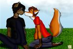  anthro bare_foot barefoot black_hair brown_hair canine duo eyes_closed fox frankenfur gay grass hair jeans love male mammal milo_nettle nuzzle signature smile stitches surge toes 