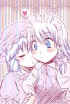  arm_grab braid closed_eyes face heart imminent_kiss izayoi_sakuya kago-neko lace_background maid_headdress multiple_girls remilia_scarlet short_hair side_braid spoken_heart striped striped_background surprised touhou upper_body yuri 