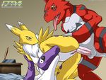  anal anal_penetration bbmbbf blue_eyes breasts brown_eyes canine digimon female fox guilmon male neck_ruff palcomix penetration penis pussy renamon straight tongue 