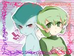  :t back-to-back blush fish_girl green_eyes green_hair green_hairband hairband instrument kamono_hashi monster_girl multiple_girls ocarina pointy_ears princess_ruto purple_eyes saria the_legend_of_zelda the_legend_of_zelda:_ocarina_of_time zoom_layer zora 