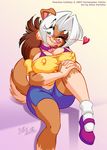  &hearts; &lt;3 bra bra_strap canine clothed clothing eltonpot female look_at_viewer looking_at_viewer mammal one_eye_closed peaches_collisky shoes sitting solo underwear wink 