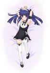  arm_garter armpits blue_hair bow dakimakura dress full_body furude_rika hair_bow hair_ribbon highres higurashi_no_naku_koro_ni lmo long_hair lying maid_headdress on_back purple_eyes ribbon skirt smile solo thighhighs twintails 