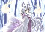  animal_ears bad_id bad_pixiv_id colorized forest fox_ears fushigi_ebi japanese_clothes long_hair multiple_tails nature original smile solo tail very_long_hair 