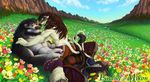  black_hair cowgirl_position eindwe field flowers gay green_eyes hair hooves horns male mikon mountain red_hair sefeiren smile tattoo topless warcraft world_of_warcraft 