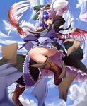  bag blue_hair boots cross-laced_footwear day envelope from_below hat head_wings lace-up_boots legs midair moai_amon multicolored_hair orange_eyes peaked_cap short_hair silver_hair single_head_wing sky solo tokiko_(touhou) touhou two-tone_hair wings 
