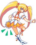  boots bow cure_sunshine heartcatch_precure! instrument knee_boots long_hair lowres magical_girl md5_mismatch myoudouin_itsuki orange_bow orange_skirt pixel_art precure shiny_tambourine skirt solo tambourine very_long_hair white_background yoshihiko_(eris0424) 