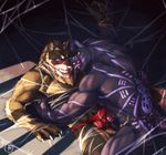  blue_eyes blush bulge canine erection erecton eye_contact frottage fundoshi gay huge_muscles imminent_rape looking_at_each_other male mammal muscles null-ghost null_ghost penis pink_eyes spiderweb tongue underwear wolf 