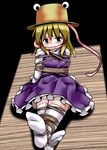  arms_behind_back bdsm bondage bound box_tie feet gag gagged lilish long_tongue moriya_suwako prehensile_tongue pyonta rope solo thighhighs tongue touhou 