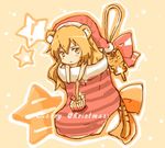  aisaka_taiga animal_ears brown_eyes brown_hair chibi christmas christmas_stocking gift long_hair palmtop_tiger shirotaka_(shirotaka) solo star tiger tiger_ears toradora! 